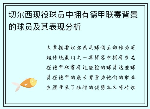 切尔西现役球员中拥有德甲联赛背景的球员及其表现分析