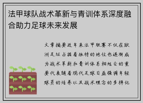 法甲球队战术革新与青训体系深度融合助力足球未来发展